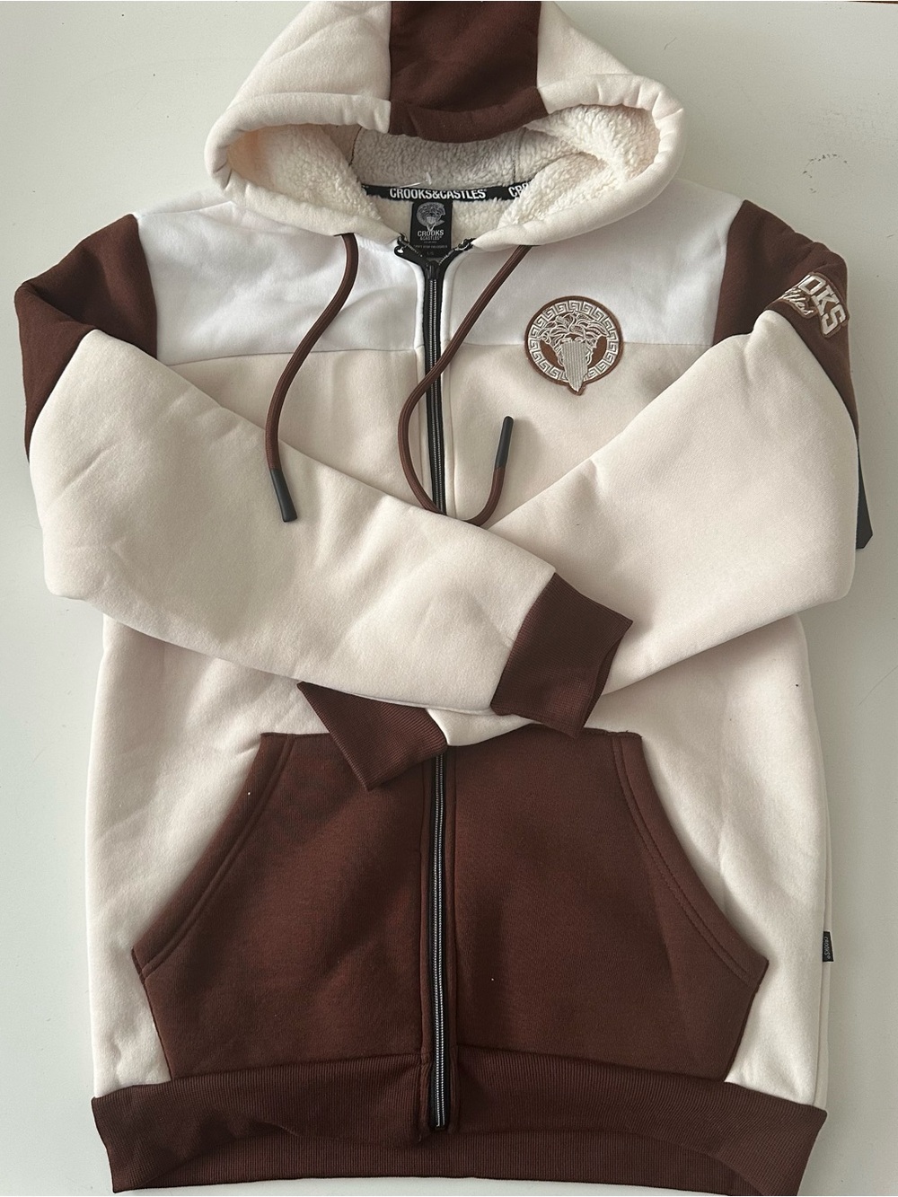 Crooks & Castles Brown and Cream Colorblock Full-Zip Hooded Jacket